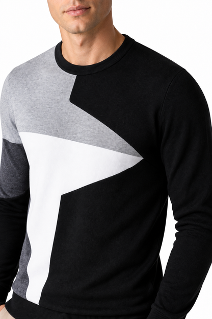 Ventorino Men's Sweater Colorblock Design Crew Neck | Ventorino in Black — garment and fabric detail