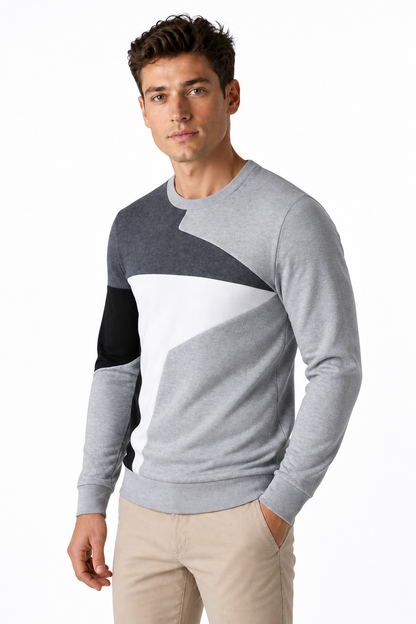 Ventorino Men's Sweater Colorblock Design Crew Neck | Ventorino in Light Grey — model three-quarter view