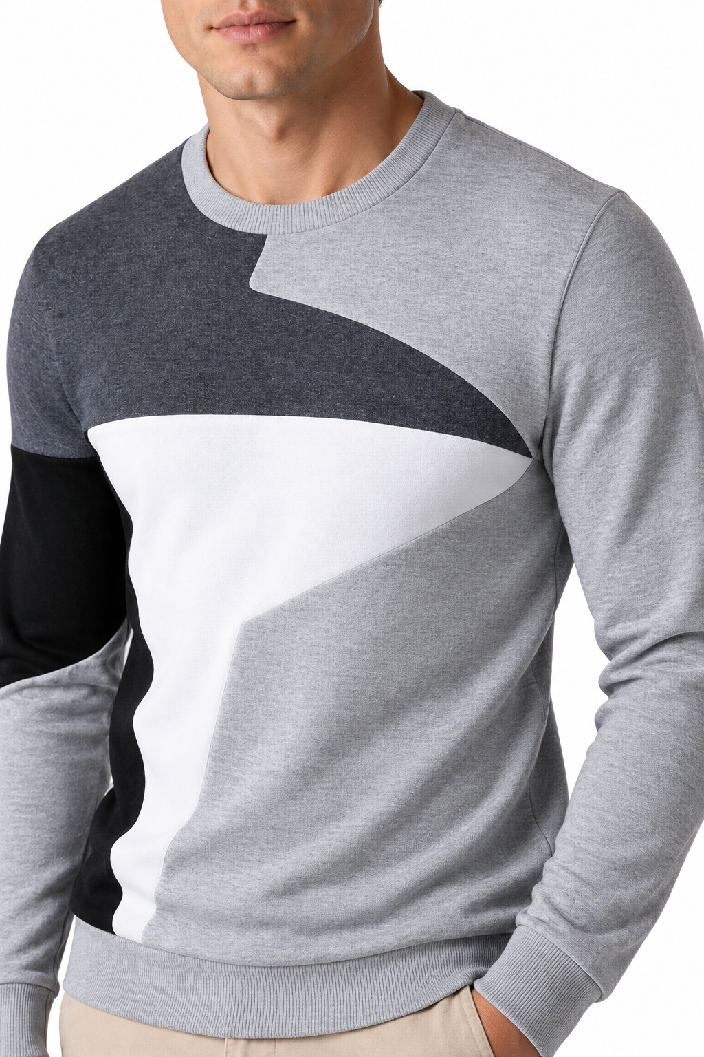 Ventorino Men's Sweater Colorblock Design Crew Neck | Ventorino in Light Grey — garment and fabric detail
