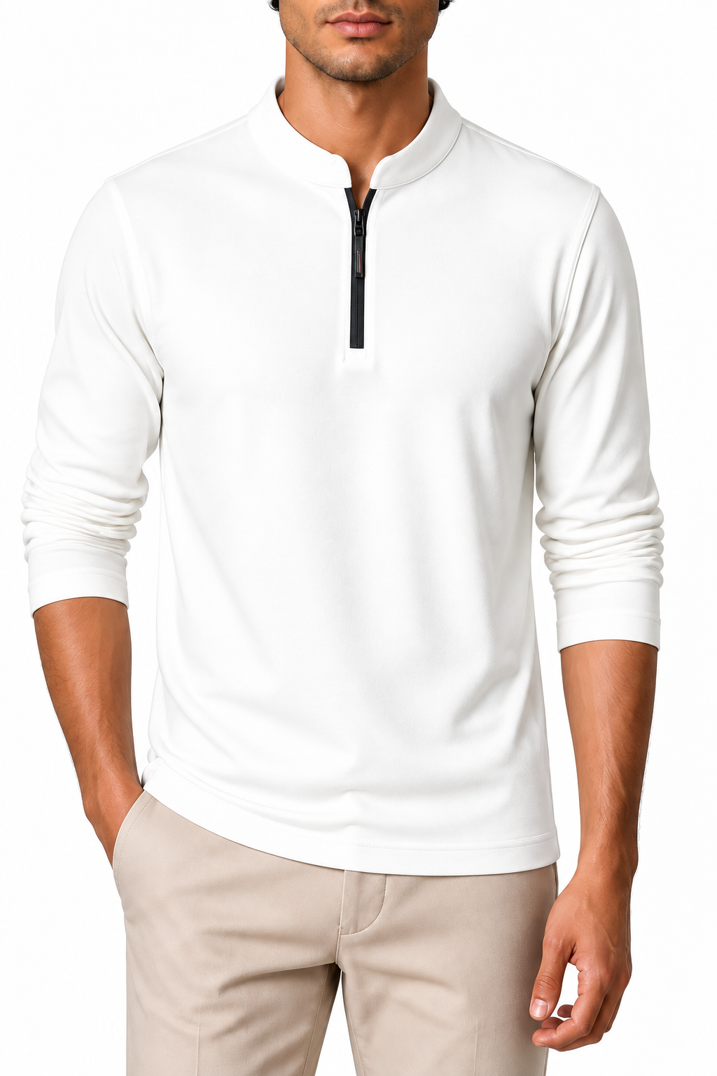 Ventorino Men's Sweatshirt Stand Collar Quarter Zip | Ventorino in White — garment and fabric detail