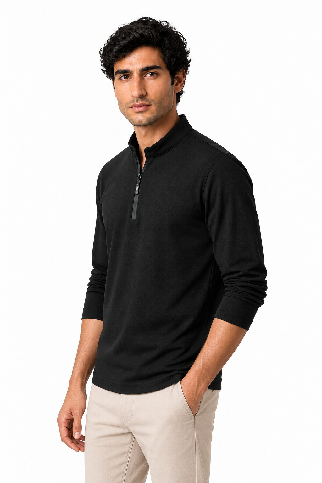 Ventorino Men's Sweatshirt Stand Collar Quarter Zip | Ventorino in Black — model three-quarter view