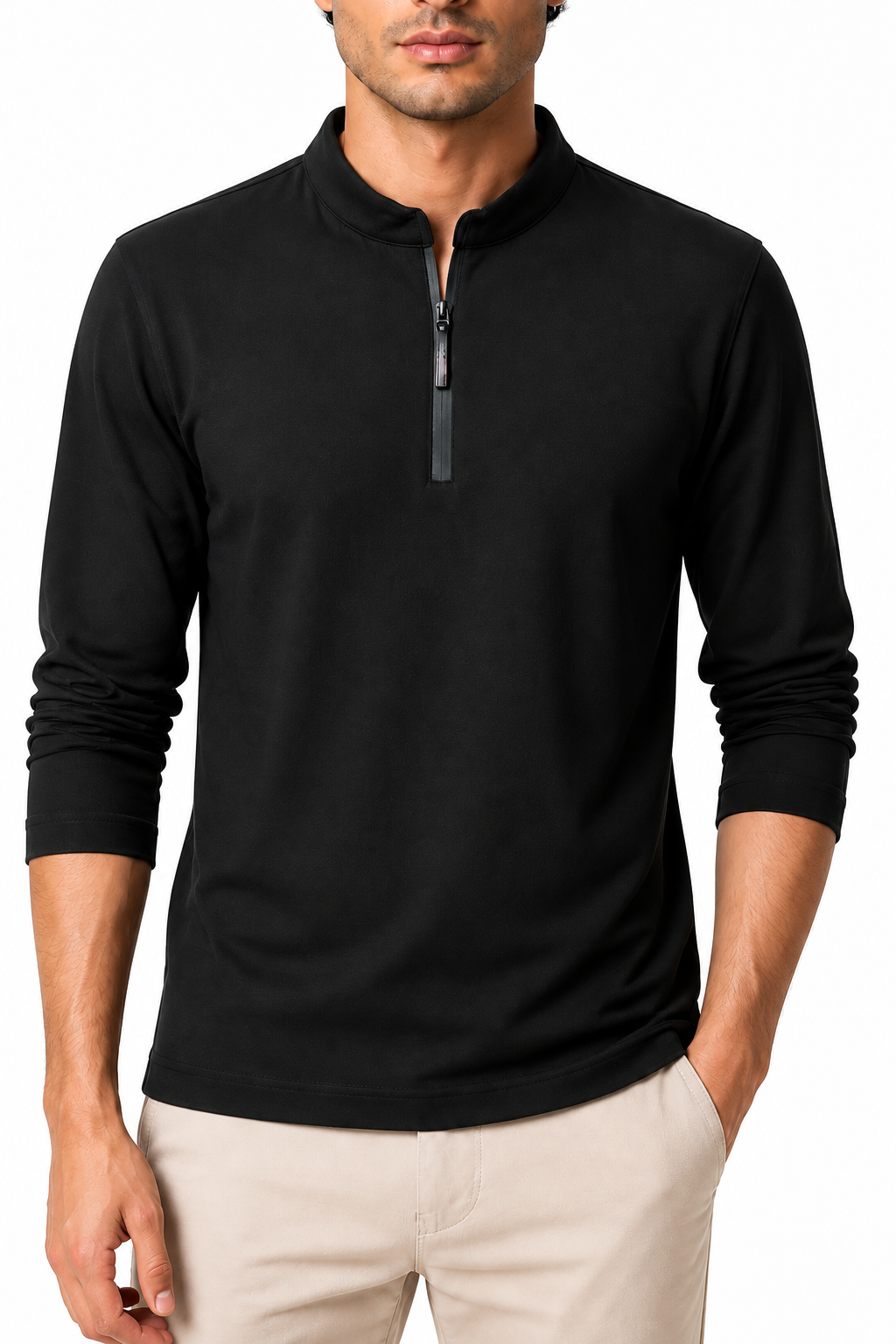 Ventorino Men's Sweatshirt Stand Collar Quarter Zip | Ventorino in Black — garment and fabric detail