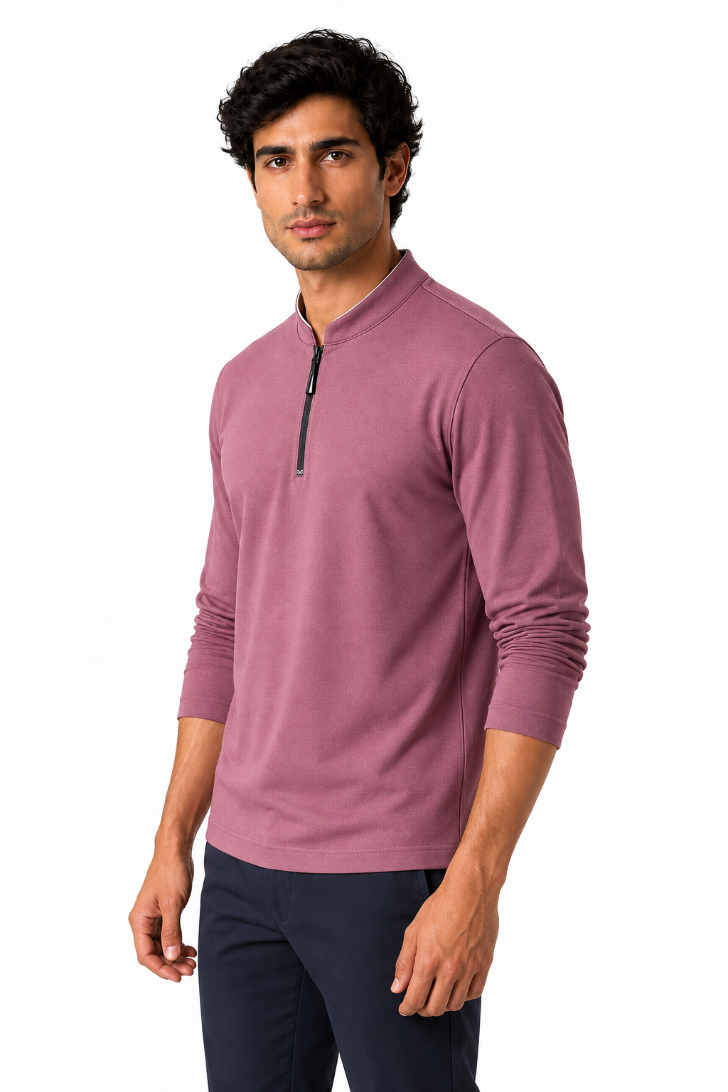 Ventorino Men's Sweatshirt Stand Collar Quarter Zip | Ventorino in Pink — model three-quarter view