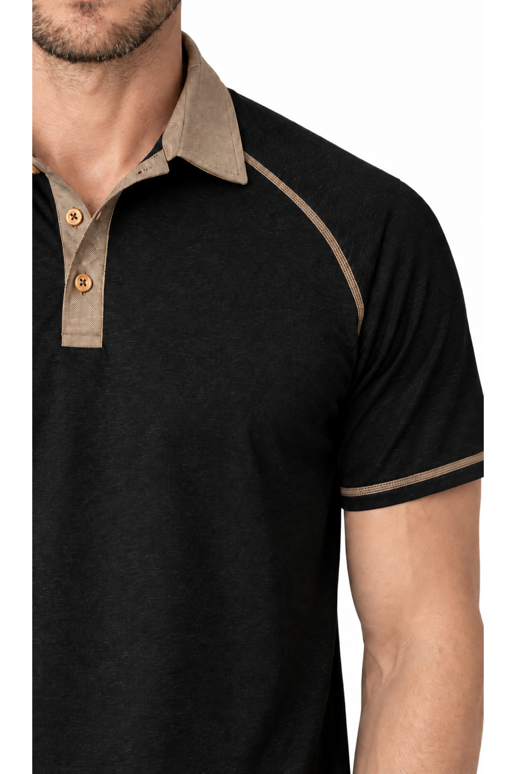 Ventorino contrast-stitch polo in black — fabric and contrast detail