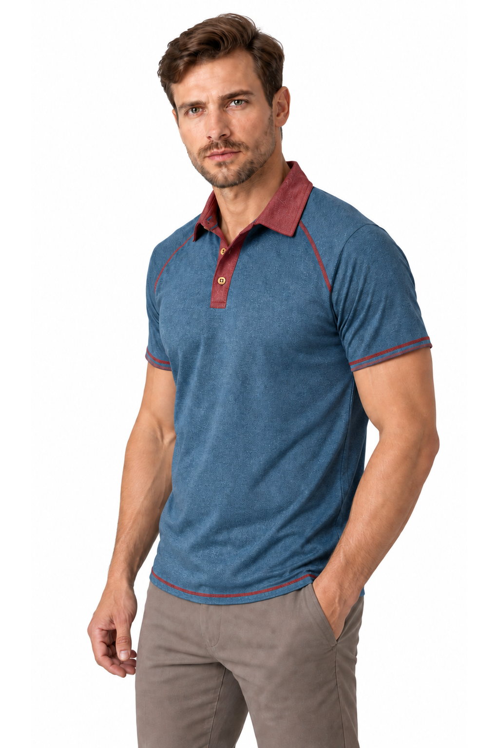 Ventorino contrast-stitch polo in blue — model view
