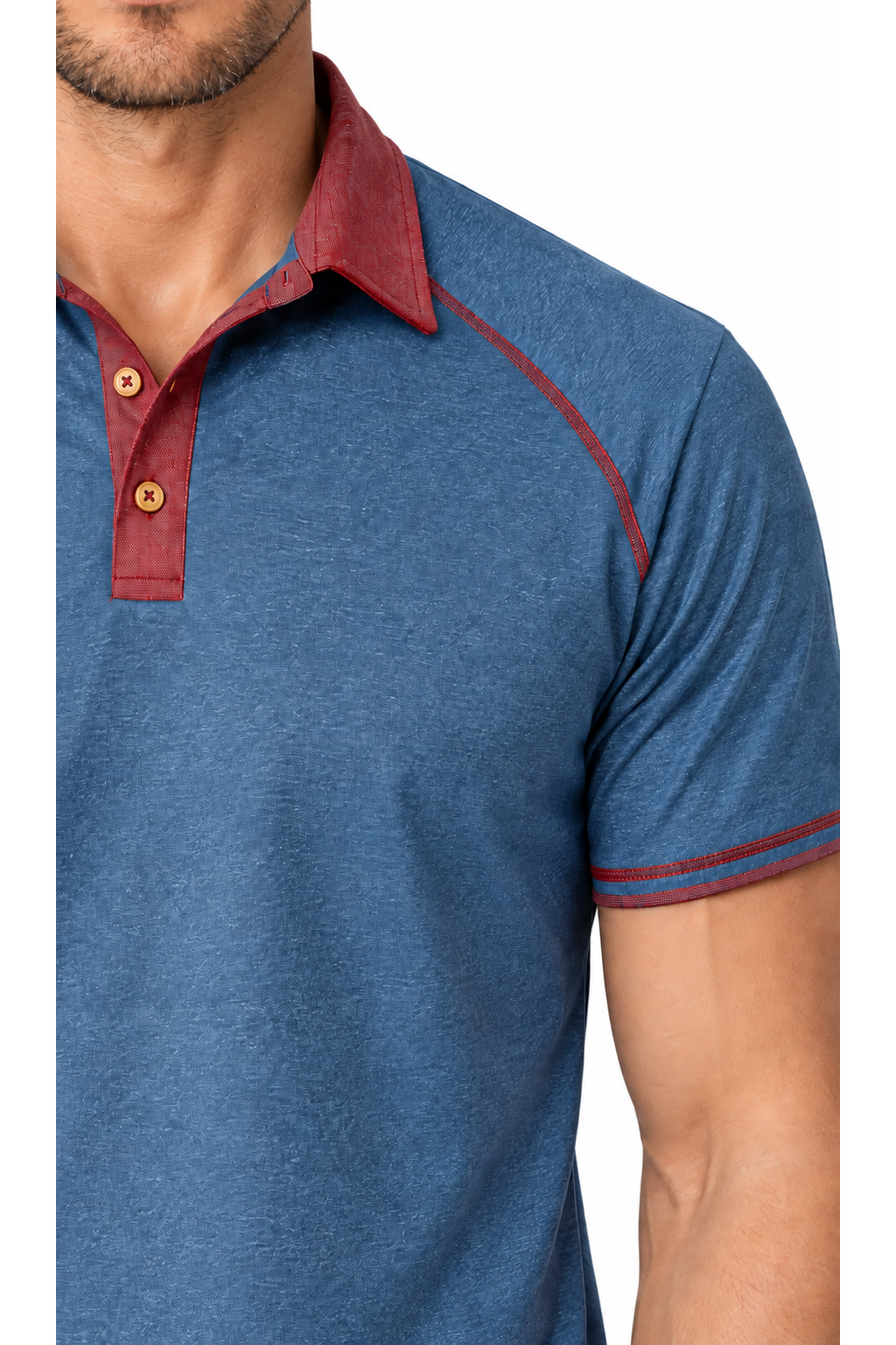 Ventorino contrast-stitch polo in blue — fabric and contrast detail