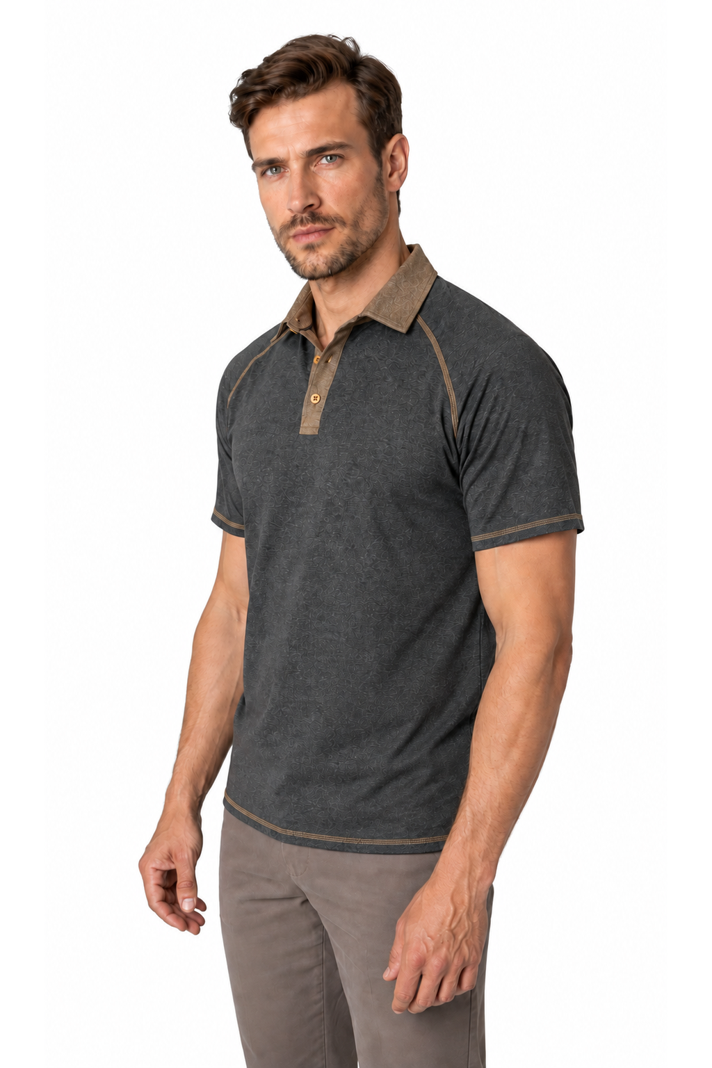 Ventorino contrast-stitch polo in dark gray — model view