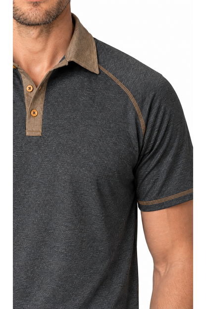 Ventorino contrast-stitch polo in dark gray — fabric and contrast detail