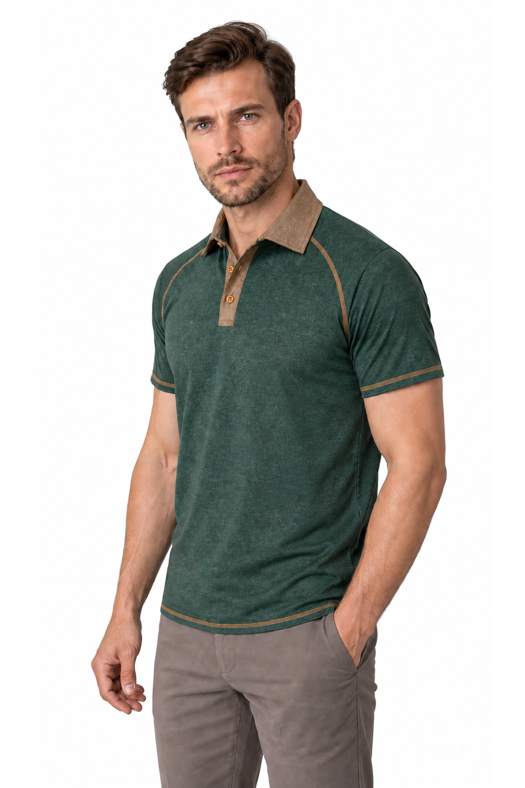 Ventorino contrast-stitch polo in green — model view