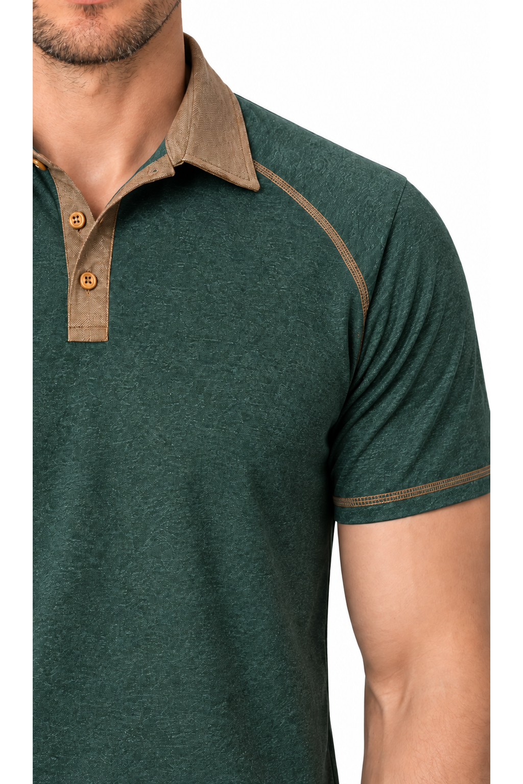 Ventorino contrast-stitch polo in green — fabric and contrast detail