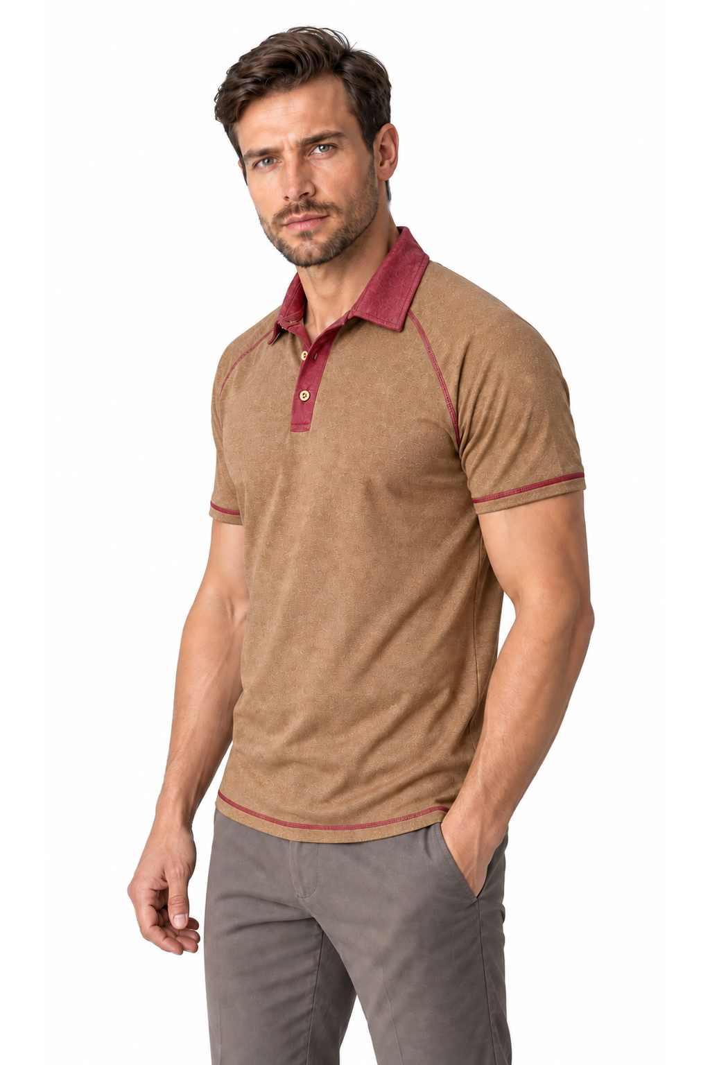 Ventorino contrast-stitch polo in khaki — model view