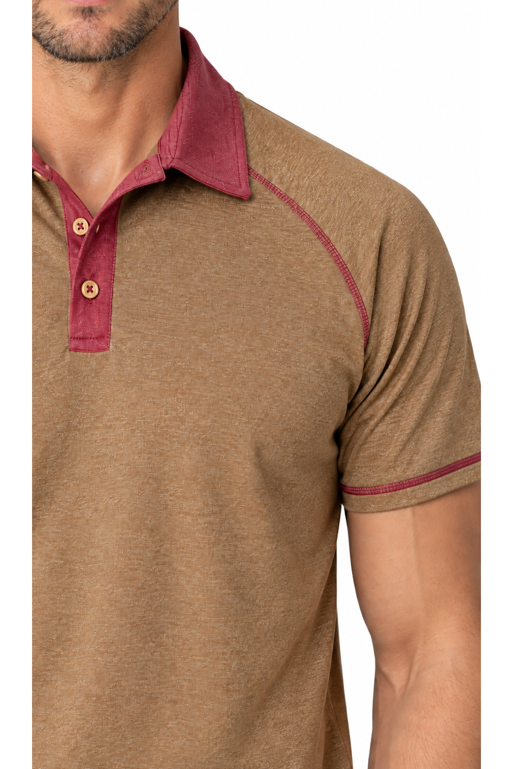 Ventorino contrast-stitch polo in khaki — fabric and contrast detail