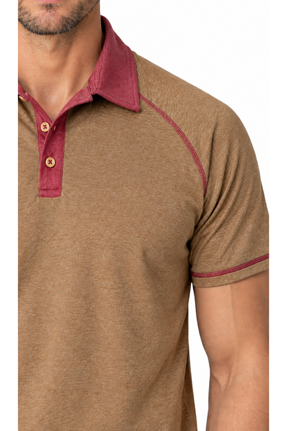 Ventorino contrast-stitch polo in khaki — fabric and contrast detail