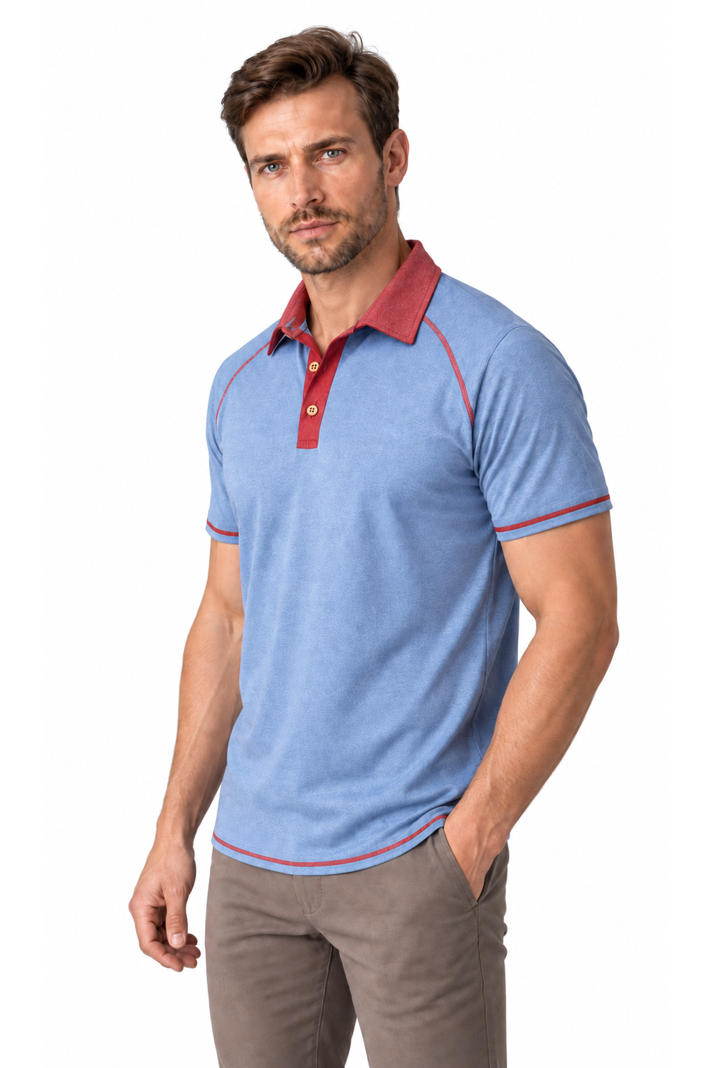 Ventorino contrast-stitch polo in light blue — model view