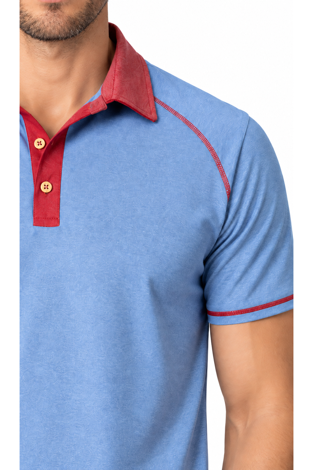 Ventorino contrast-stitch polo in light blue — fabric and contrast detail