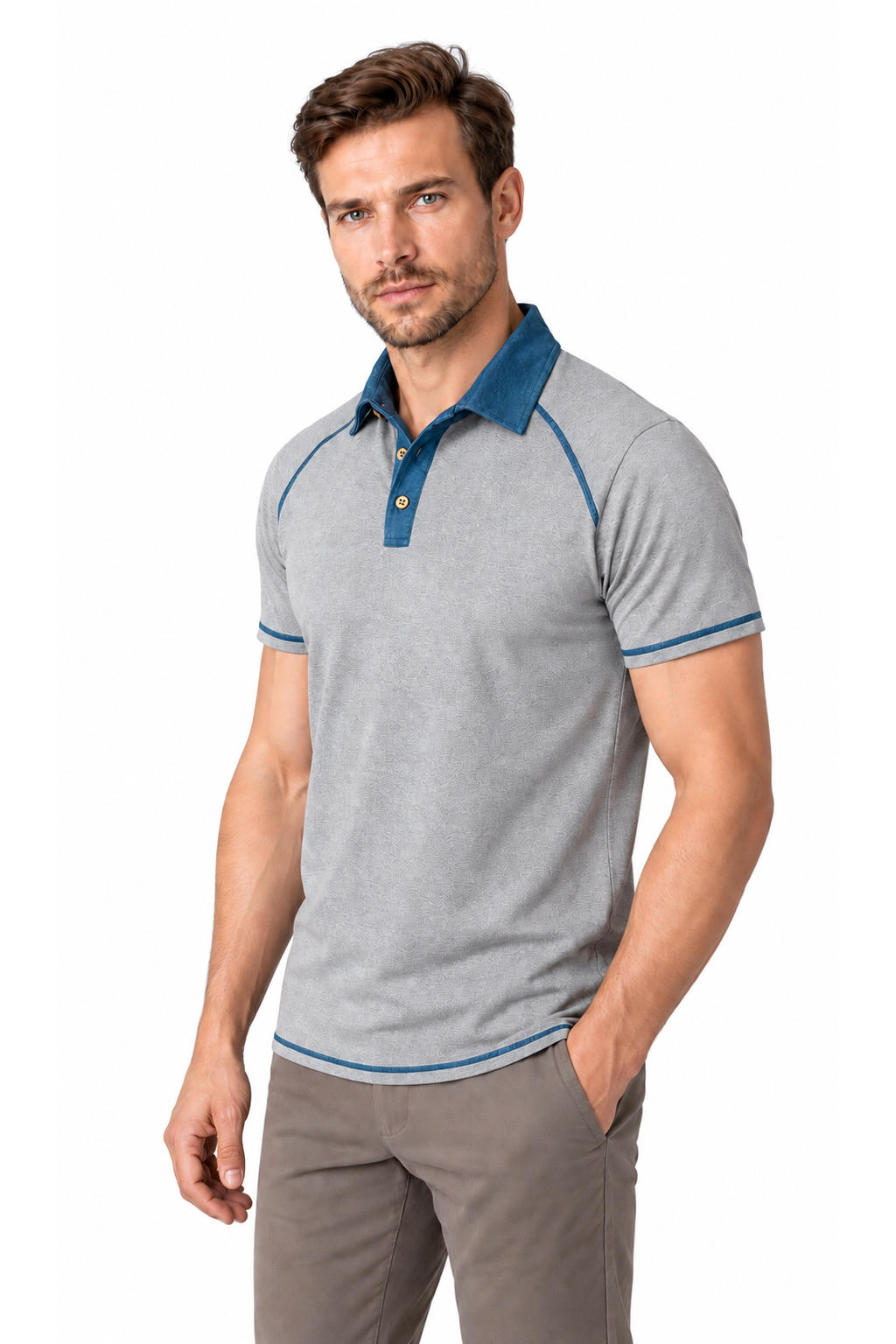 Ventorino contrast-stitch polo in light gray — model view