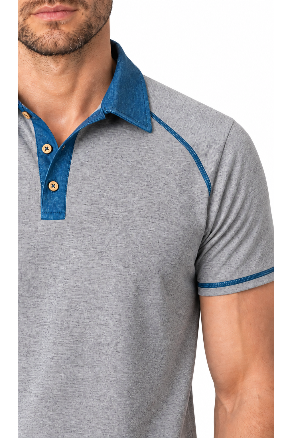 Ventorino contrast-stitch polo in light gray — fabric and contrast detail