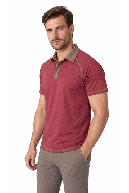 Ventorino contrast-stitch polo in purplish red — model view
