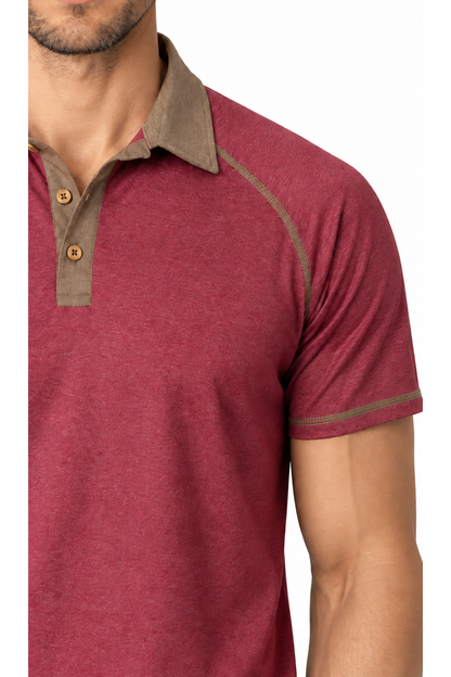 Ventorino contrast-stitch polo in purplish red — fabric and contrast detail