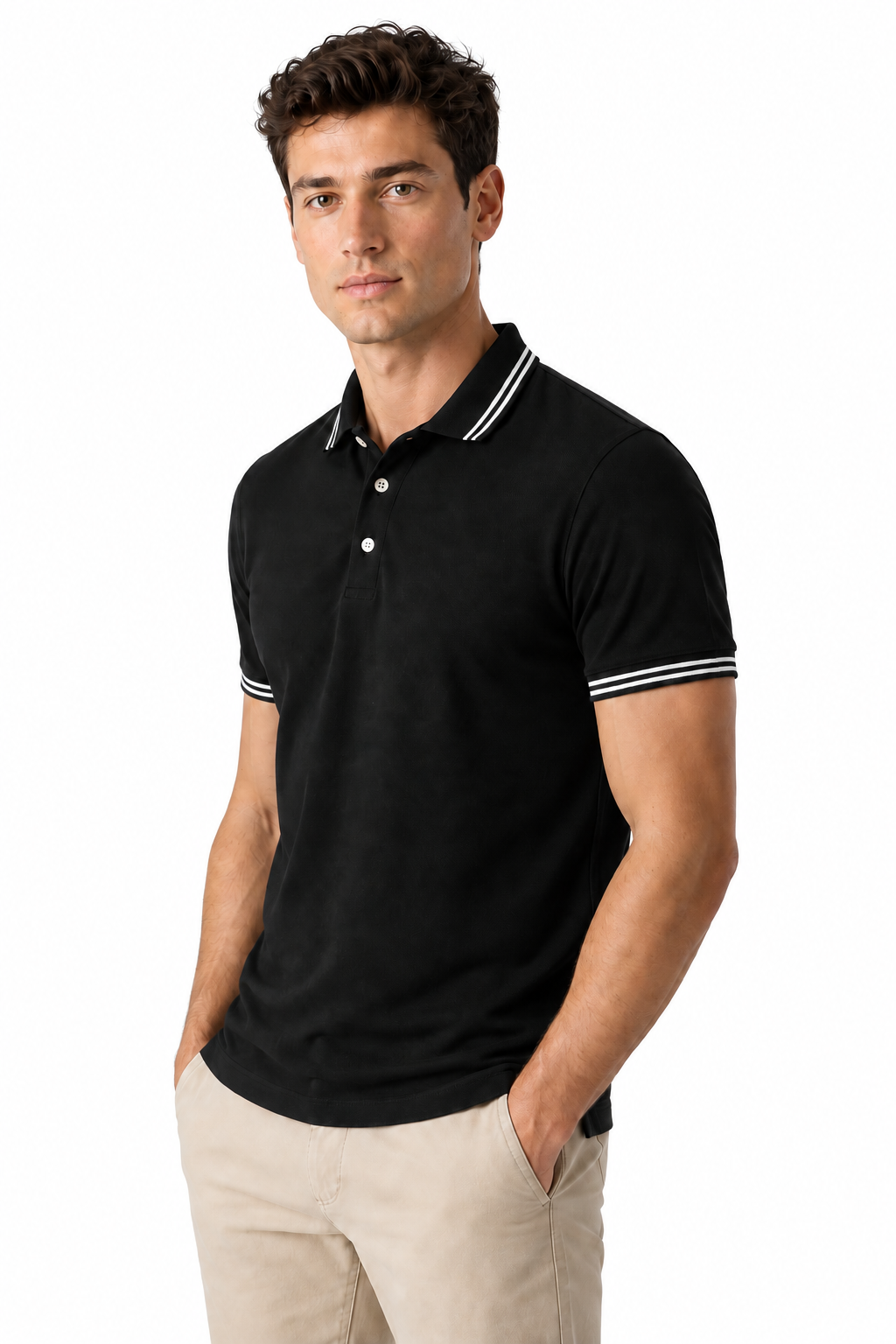 Ventorino contrast-trim polo A in black — model view