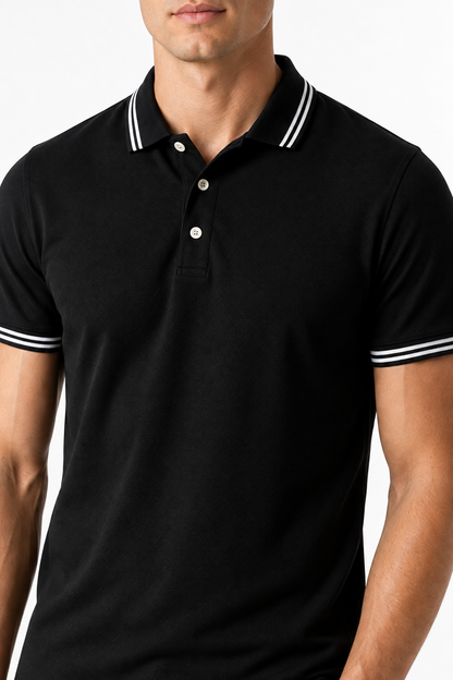 Ventorino contrast-trim polo A in black — collar, trim and fabric detail