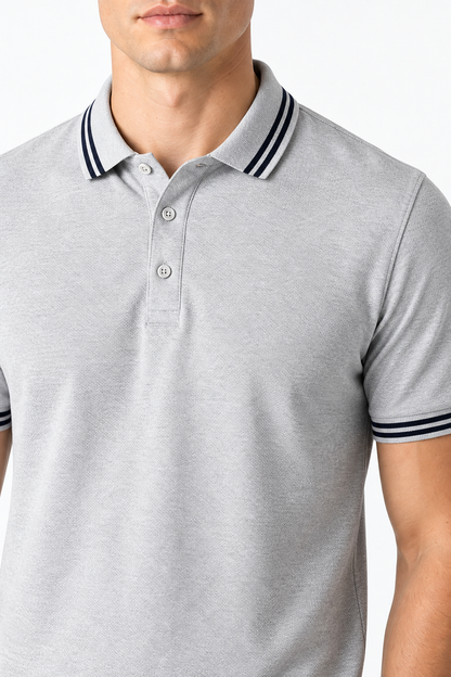 Ventorino contrast-trim polo A in gray — collar, trim and fabric detail