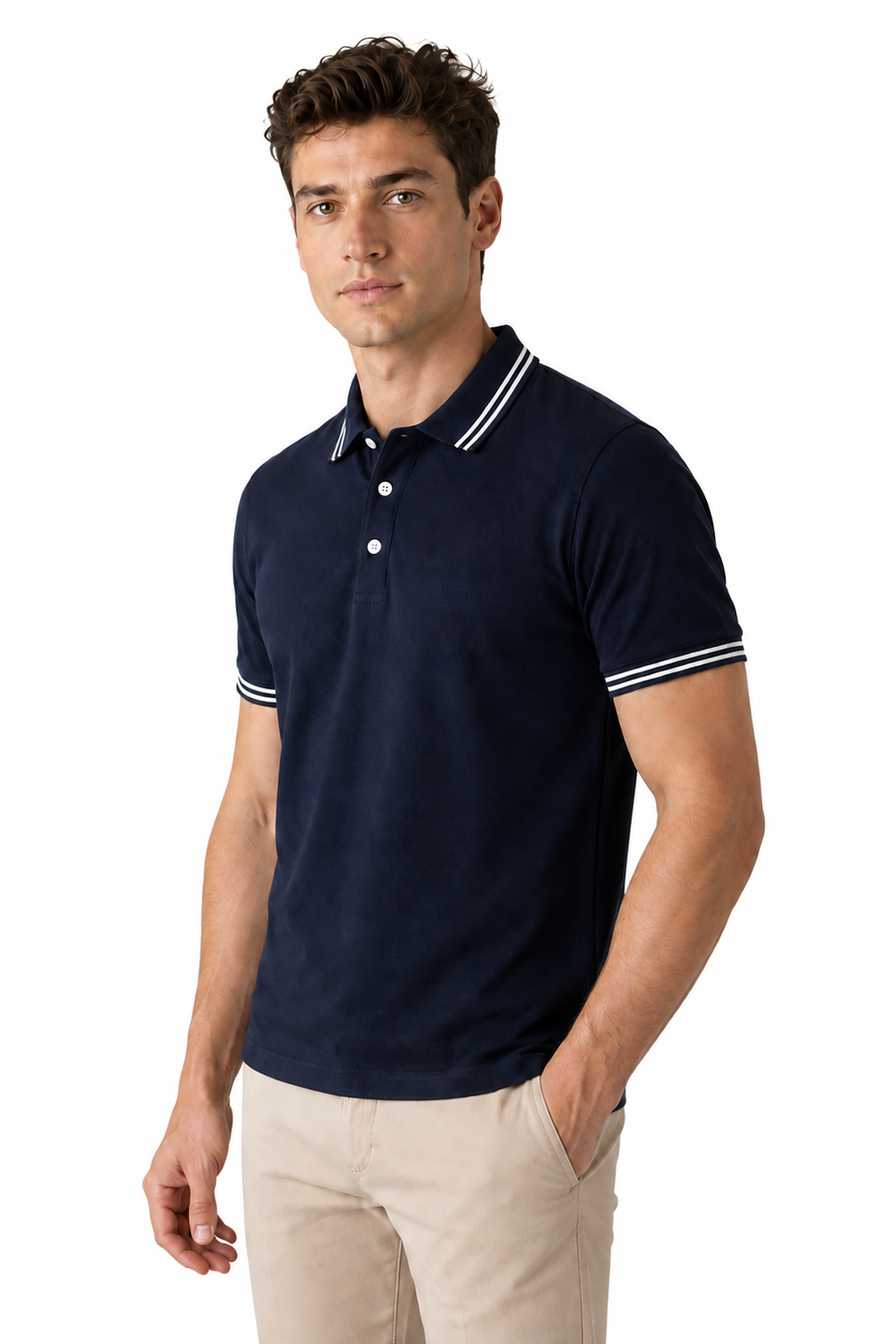 Ventorino contrast-trim polo A in navy — model view