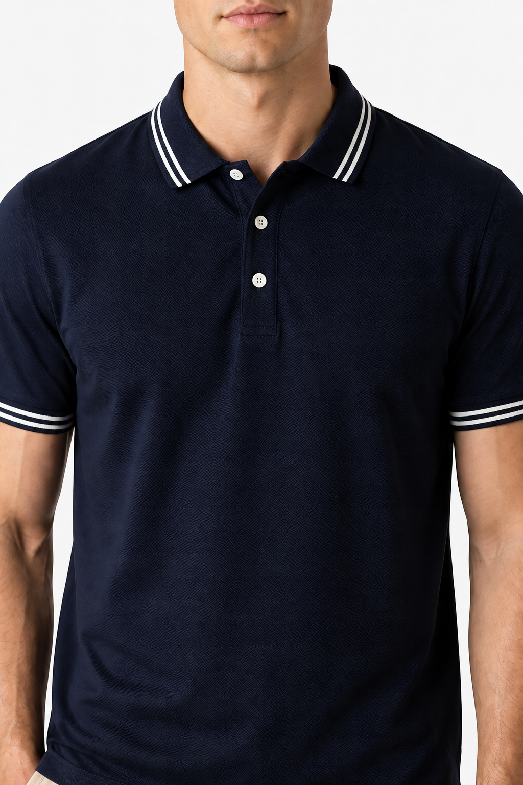 Ventorino contrast-trim polo A in navy — collar, trim and fabric detail
