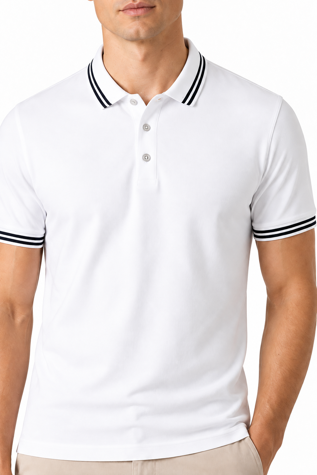 Ventorino contrast-trim polo A in white — collar, trim and fabric detail