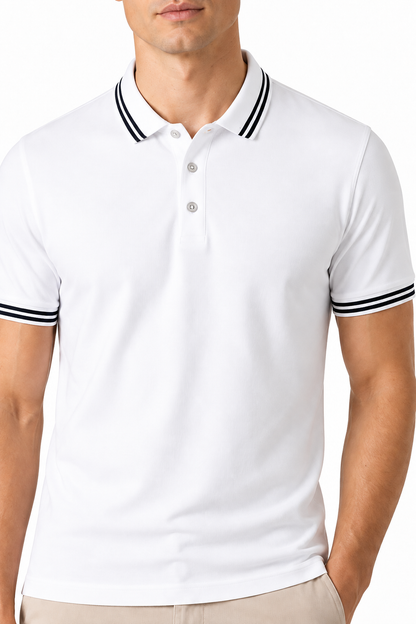 Ventorino contrast-trim polo A in white — collar, trim and fabric detail