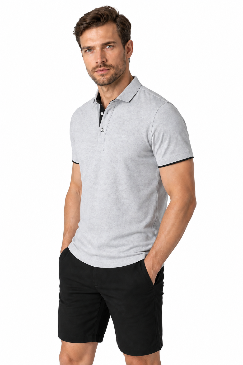 Ventorino contrast-trim polo B in grey and black — model view