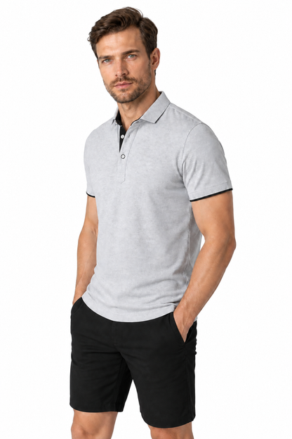 Ventorino contrast-trim polo B in grey and black — model view