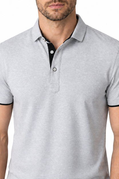 Ventorino contrast-trim polo B in grey and black — collar, trim and fabric detail