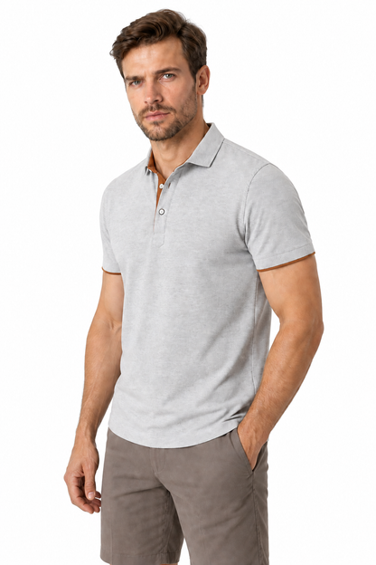 Ventorino contrast-trim polo B in grey and coffee — model view