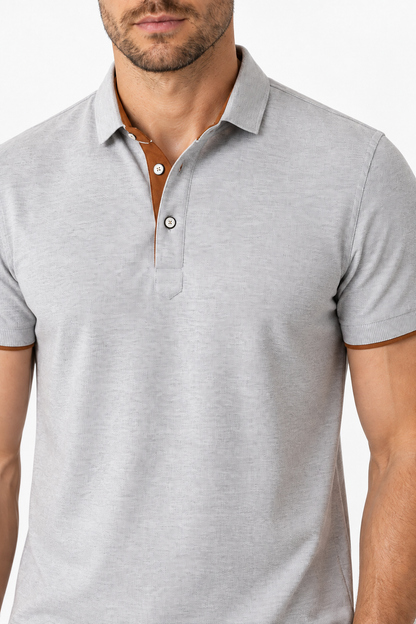 Ventorino contrast-trim polo B in grey and coffee — collar, trim and fabric detail