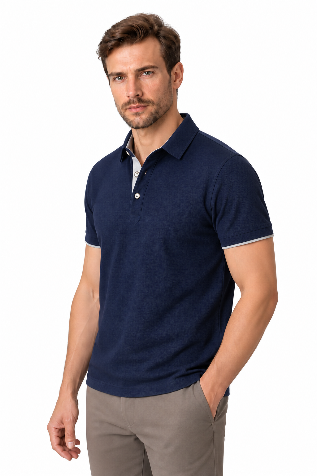 Ventorino contrast-trim polo B in navy and grey — model view