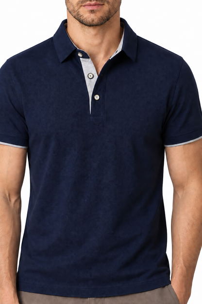 Ventorino contrast-trim polo B in navy and grey — collar, trim and fabric detail