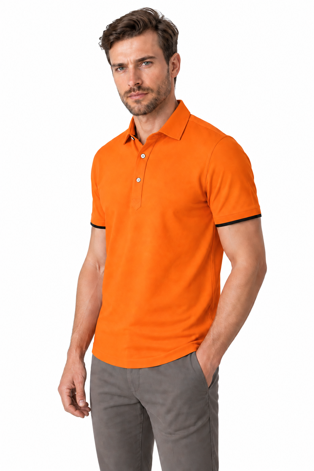Ventorino contrast-trim polo B in orange and black — model view