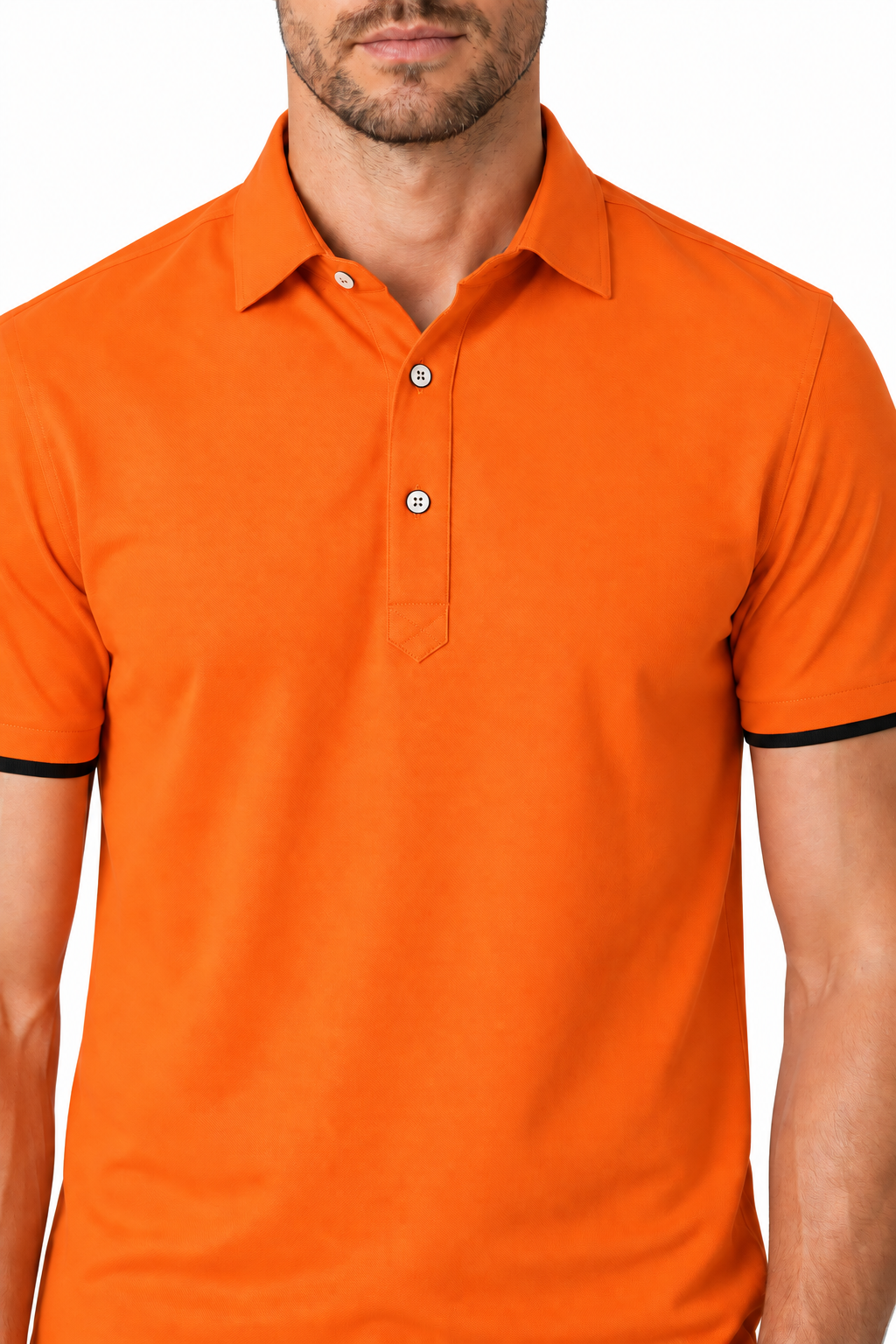 Ventorino contrast-trim polo B in orange and black — collar, trim and fabric detail