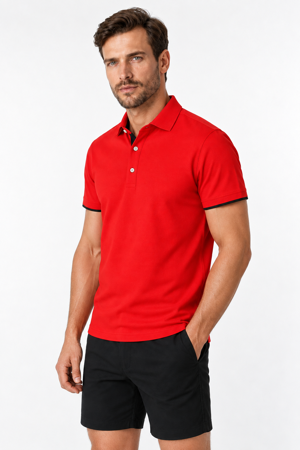 Ventorino contrast-trim polo B in red and black — model view