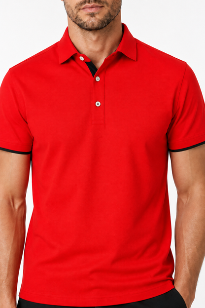 Ventorino contrast-trim polo B in red and black — collar, trim and fabric detail