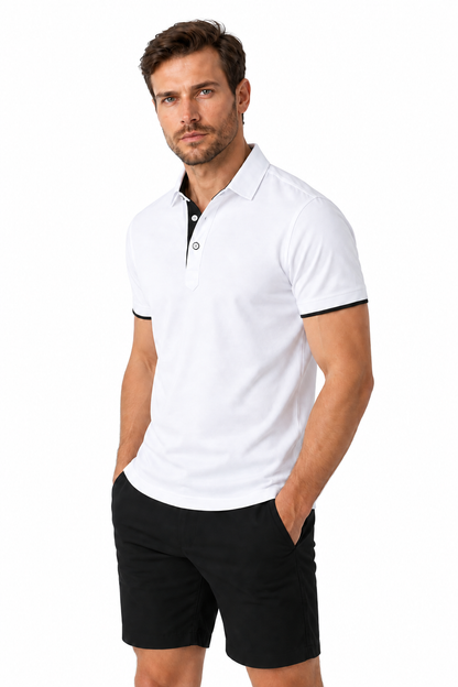 Ventorino contrast-trim polo B in white and black — model view