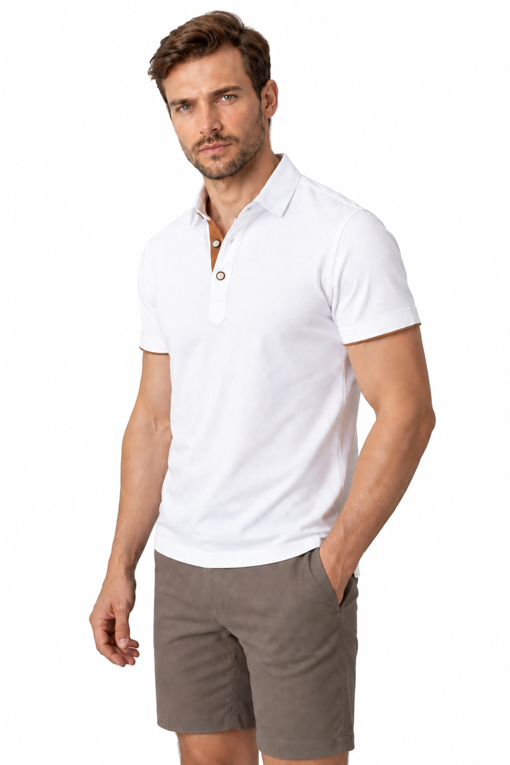 Ventorino contrast-trim polo B in white and coffee — model view