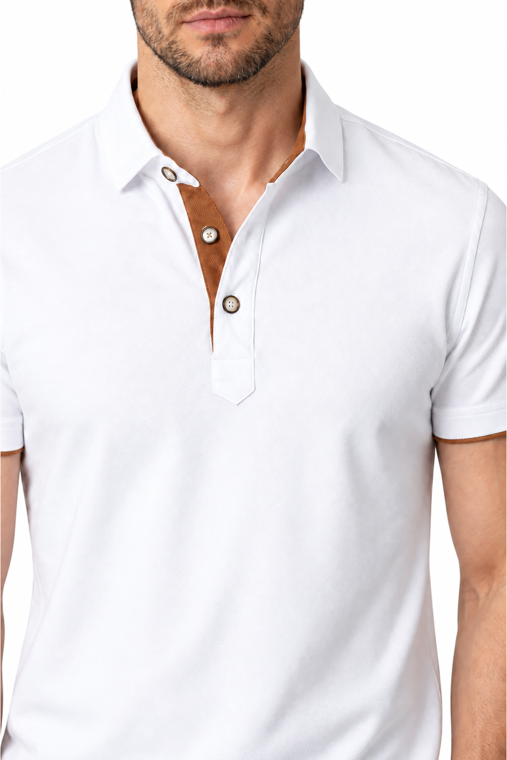 Ventorino contrast-trim polo B in white and coffee — collar, trim and fabric detail
