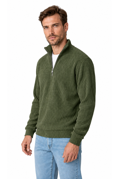 Ventorino vertical-rib corduroy quarter-zip sweatshirt in army green — model view