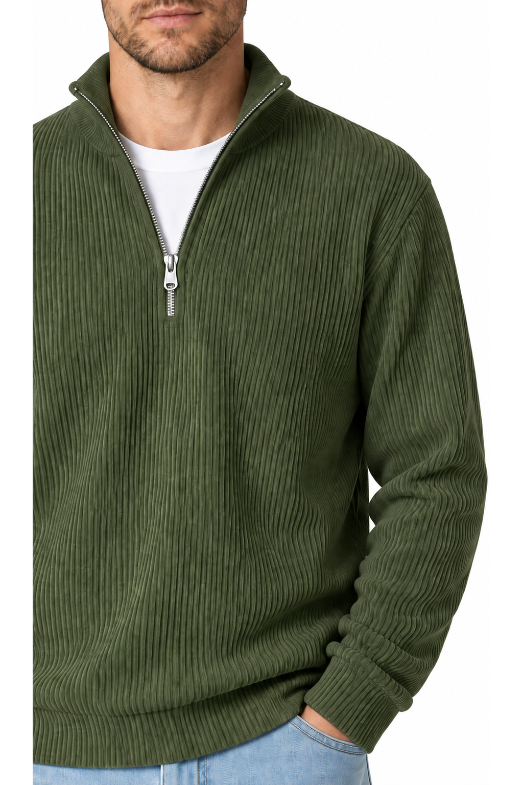 Ventorino vertical-rib corduroy quarter-zip sweatshirt in army green — zipper and fabric detail