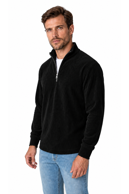 Ventorino vertical-rib corduroy quarter-zip sweatshirt in black — model view