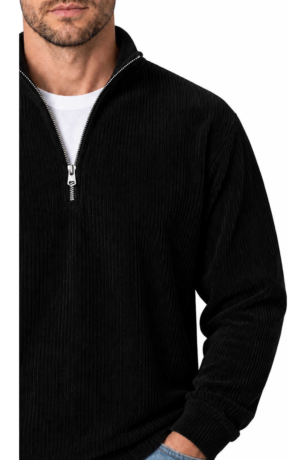 Ventorino vertical-rib corduroy quarter-zip sweatshirt in black — zipper and fabric detail