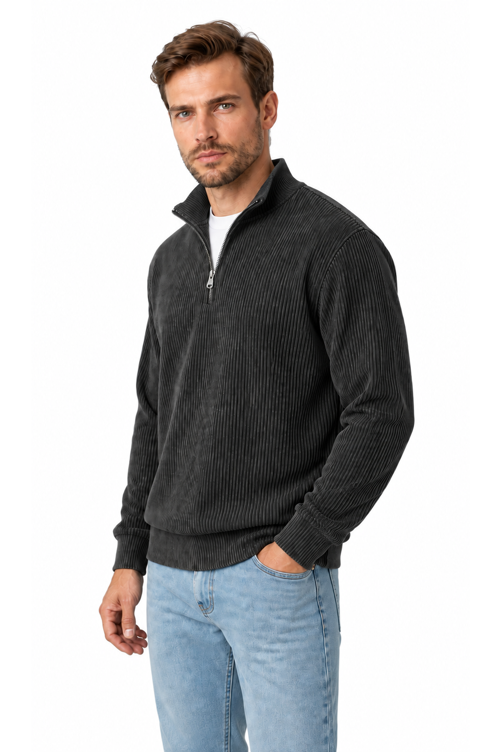 Ventorino vertical-rib corduroy quarter-zip sweatshirt in dark gray — model view