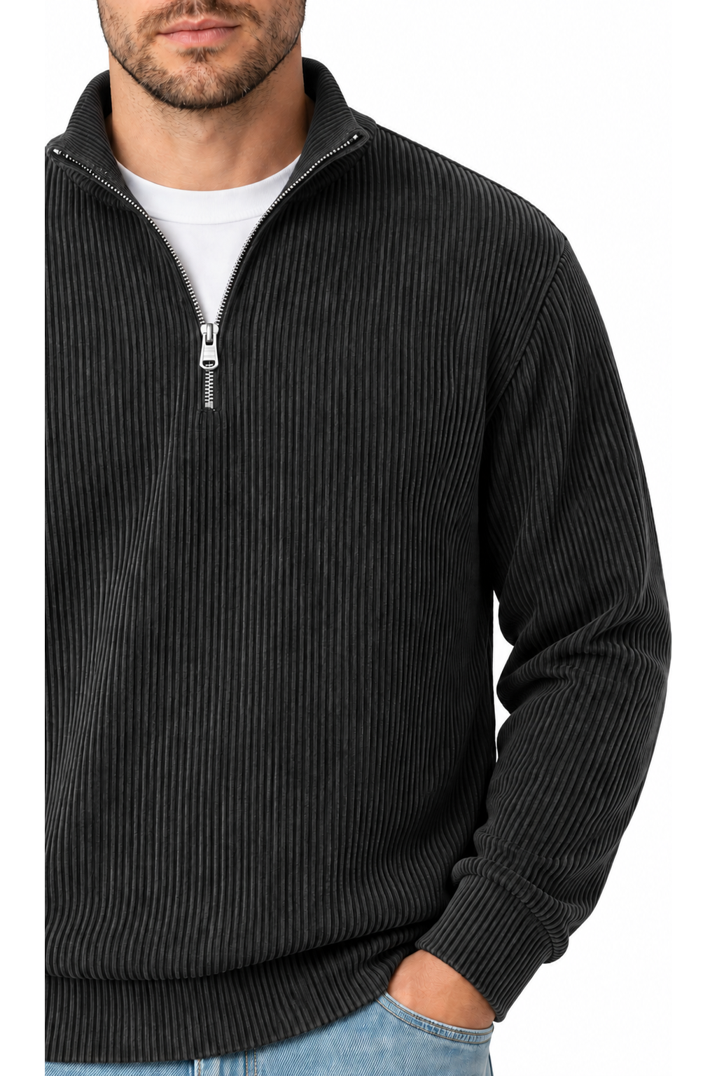 Ventorino vertical-rib corduroy quarter-zip sweatshirt in dark gray — zipper and fabric detail